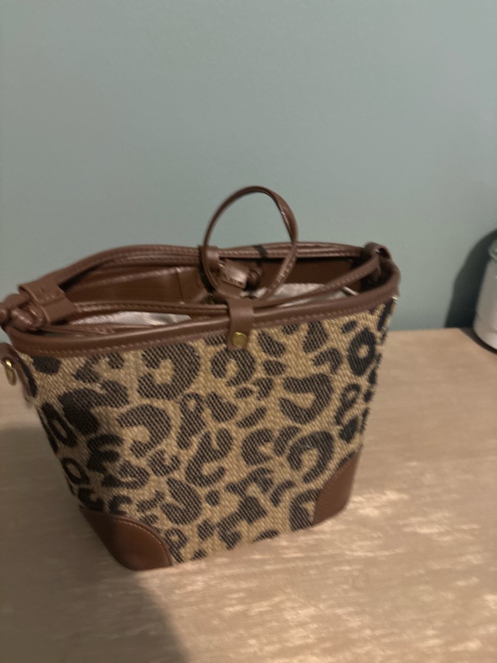 Leopard Print Canvas Tote with Brown Leather Trim